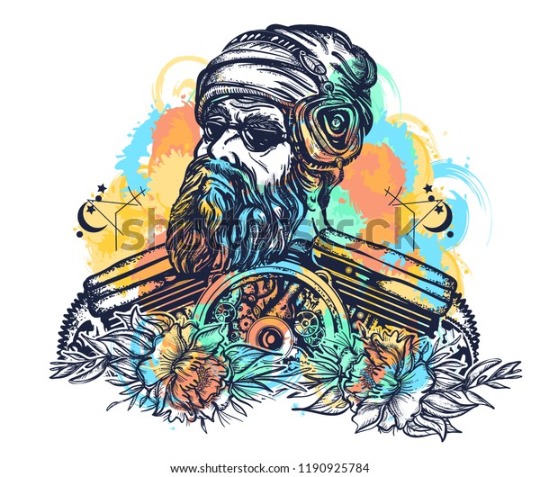 Biker tattoo watercolor splashes\
style. Bearded hipster in earphone listens to music. Symbol of pop\
music, hard rock, heavy metal, biker t-shirt design\
