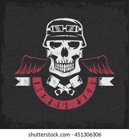 biker theme grunge label with pistons ,wings and skulls