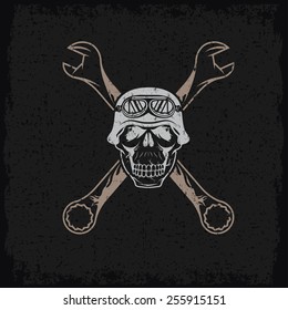 biker theme grunge label with skull and wrenches 
