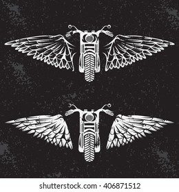 biker theme grunge labels set with bike and wings