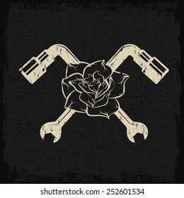 biker theme label with flowers and wrenches