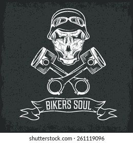 biker theme label with pistons and skulls  