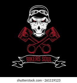 biker theme label with pistons and skulls 