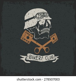 biker theme label with pistons and skulls