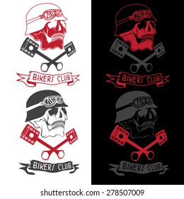 biker theme label with pistons and skulls