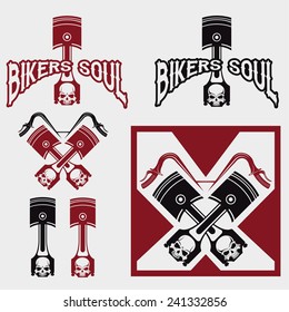 biker theme labels with pistons and skulls