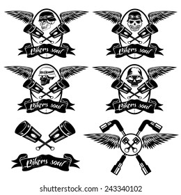 biker theme labels with pistons and skulls with wings