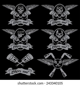 biker theme labels with pistons and skulls with wings