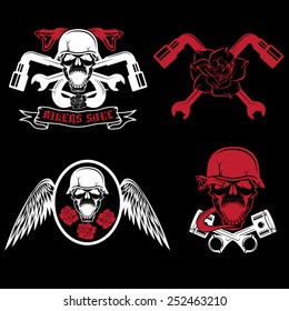 biker theme labels with pistons,flowers,wings,snakes and skulls