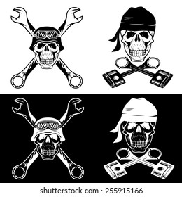 biker theme labels with skull ,wrenches and pistons