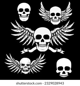 biker theme labels. skulls with wings.