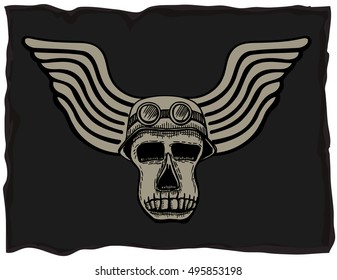 biker theme labels. skulls with wings, On the old grunge dark background.