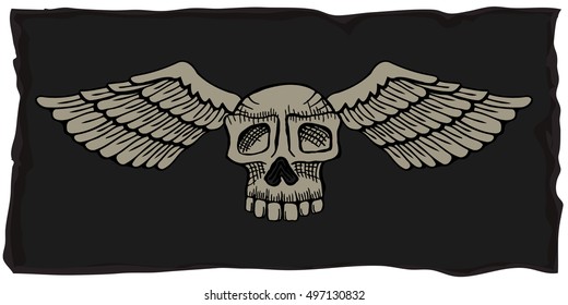 biker theme labels. skulls with wings, On the old grunge dark background.