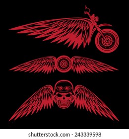 biker theme labels with wheel,bike and skulls with wings