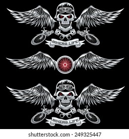 biker theme labels with wheel,bike and skulls with wings