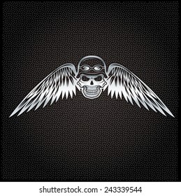 biker theme silver label with skull and wings