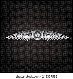 biker theme silver label with wheel,bike and wings