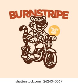 Motoon Tiger de motocicleta legal vintage mascote equitação com óculos de sol ilustração vetor