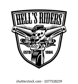 Biker vintage logo. Skeleton ride on a bike. Monochorome black and white colors. Motorcicle club emblem.