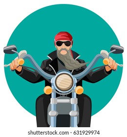 Biker wearing leather clothes with grey long beard riding motorcycle