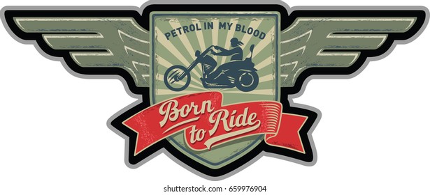 Biker Wings patch, Born to ride, Petrol in my blood, motorcycle, Custom, illustration, vector