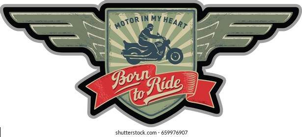 Biker Wings patch, Born to ride, the Motor is in my heart, Sports, illustration, vector