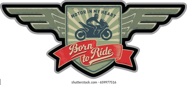 Biker Wings patch, Born to ride, the Motor is in my heart, motorcycle, Sportbike, illustration, vector