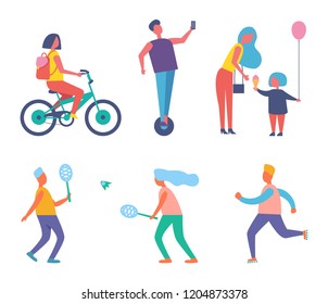 Biker woman with rucksack on back isolated icons vector. Mother and child eating ice cream, people playing tennis. Running jogging male, keeping fit