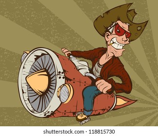 Biker-cowboy on a motorcycle turbo rocket. The background vector image.