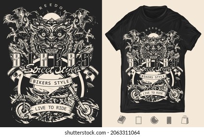 Bikers art. Live to ride slogan. Tiger and asian dragons, burning motorcycle, rider sport print. Moto bike t-shirt design. Creative print for clothes. Template for posters, textiles, apparels 