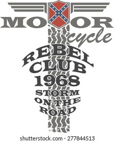 Biker's artworks 'Motorcycle rebel club' for t- shirt and poster. Winged shield with confederate flag.
