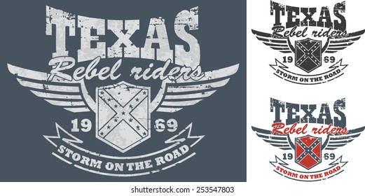 Biker's artworks 'Texas-rebel riders' for t- shirt and poster. Winged shield with confederate flag.