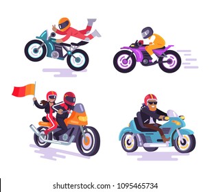 Bikers banner extreme hobby vector illustration isolated white background happy people on sport vehicles, men in special clothing for riding bikes