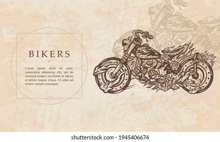 Bikers. Burning motorcycle, rider sport style. Renaissance background. Medieval manuscript, engraving art