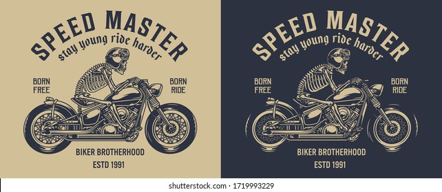 Bikers club vintage label with skeleton in moto helmet riding motorcycle on dark and light backgrounds isolated vector illustration