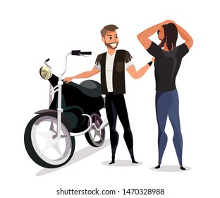 Bikers conversation flat vector illustration. Brutal motorcyclists standing together cartoon characters. Cool moto club members, cheerful men talking. Carefree lifestyle, friends communication