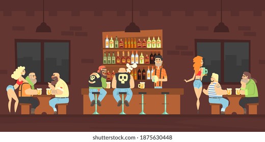 Bikers or Criminal Gang Member Sitting at Counter at Bar Drinking Beer and Chatting, Male Bartender Pouring Beer in Mug at Counter, Beautiful Girls Waitresses Serving Clients Vector Illustration