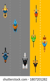 Bikers and cyclists group. Vector top view of cyclists people group cycling on bicycle lane and bikers riding bikes transport on city street road. Transportation and traffic concept