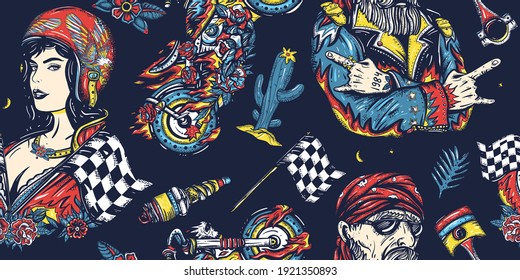 Bikers. Dark Seamless Pattern. Pin Up Moto Girl, Bearded Biker Man, Burning Chopper Motorcycle, Race Flag, Rider Sport Woman. Old School Tattoo Background. Lifestyle Of Racers