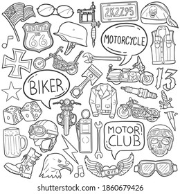 Bikers doodle icon set. Hard biker Vector illustration collection. Lifestyle Banner Hand drawn Line art style.