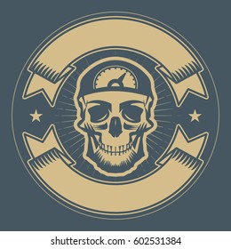 Bikers event or festival emblem with skull and space for text. Vector illustration.