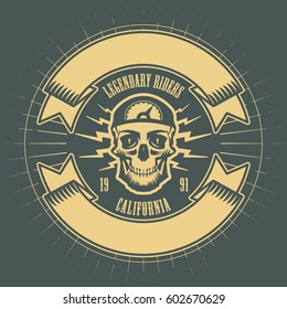 Bikers event or festival emblem with skull and space for text. Vector illustration.