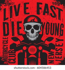 Bikers event or festival emblem with skull. Vector illustration.