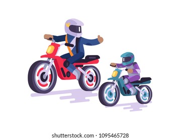 Bikers family colorful poster vector illustration of extreme father and small son on bright sport bikes, men in special helmets equipment for riding