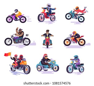 Bikers icons collection color vector illustration of different motorcycles and riding bikes men in special equipment doing dangerous extreme trick