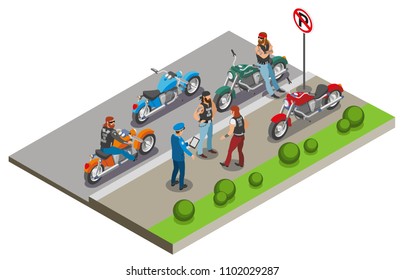 Bikers isometric composition with images of motorcycles and human characters in street sidewalk scenery with policeman vector illustration