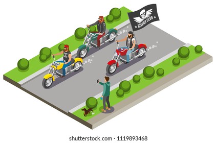 Bikers isometric composition with view of street motorway and three motorcycles with streaming flag of gang vector illustration