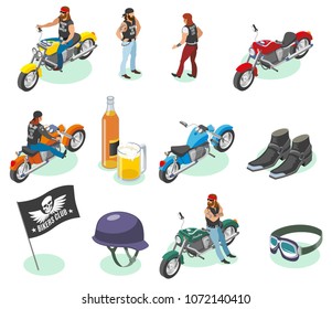 Bikers isometric icons collection of isolated human characters and images of motorcycles beer and fashion items vector illustration