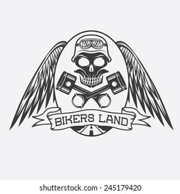 bikers land crest with skull,wings and pistons