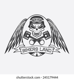 bikers land crest with skull,wings and pistons